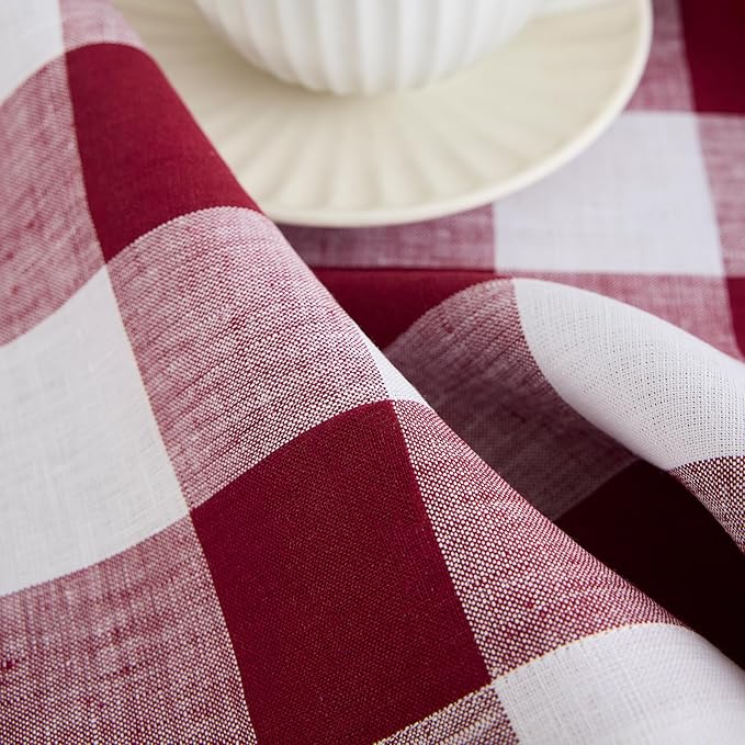 Solino Home Checkered Table Runner 132 Inches Long - 100% Pure Linen Buffalo Check Burgundy and White Table Runner 14 x 132 Inch Ideal for Dining, Valentines