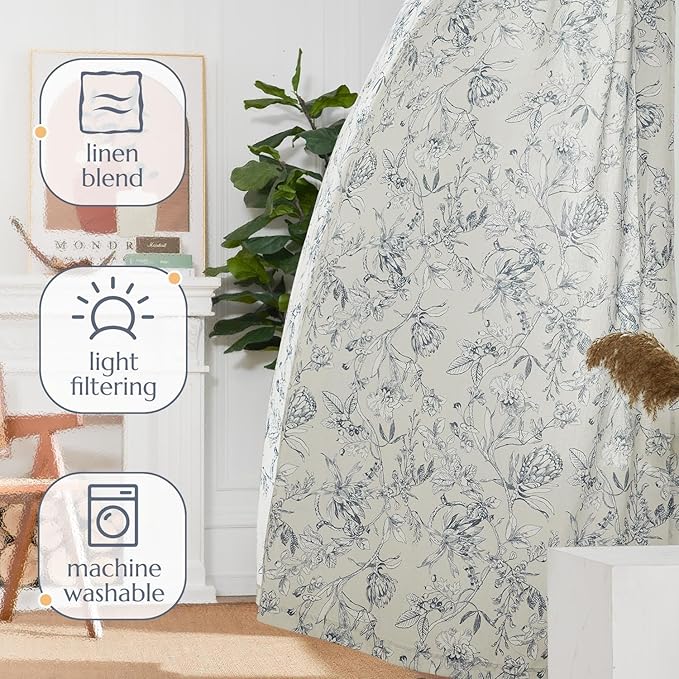 jinchan Floral Curtains 108 Inch Length Blue Flower Linen Farmhouse Curtain for Living Room French Country Vintage Curtain Rod Pocket Curtains Set 2 Panels Blue Floral Printed