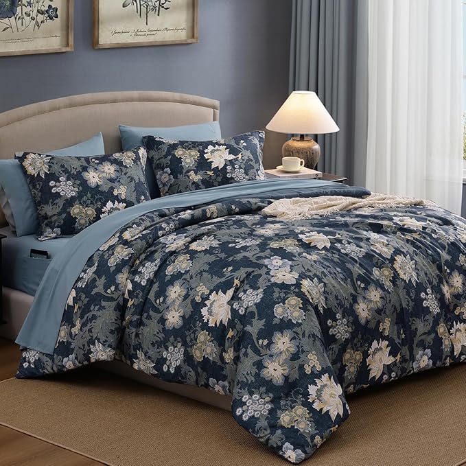 Queen Comforter Set -7 Pieces Floral Navy Blue Comforter Set for All Seasons, Bed in a Bag Queen with Botanical Flowers Comforter, Sheets, Pillowcases & Shams