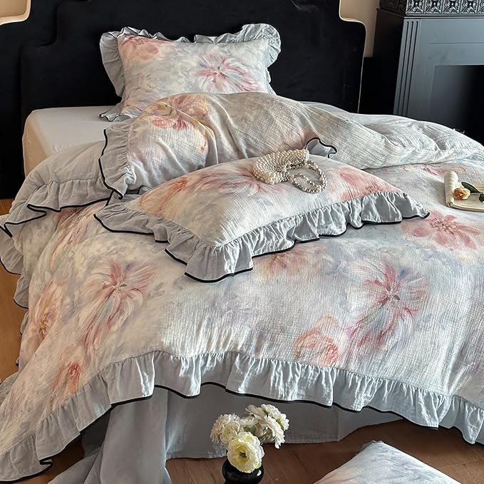 HighBuy Farmhouse Floral Linen Duvet Cover Set Twin Blue Ruffle Bedding with Zipper Closure,Yarn-Dyed Cotton Cooling & Textured Bedding Set for Hot Sleepers - 1 Duvet Cover and 2 Pillowcases
