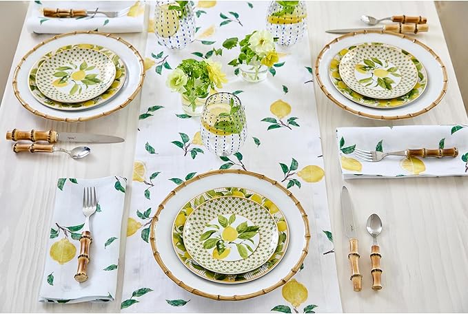 Solino Home Lemon Print Table Runner 72 Inches Long - 100% Pure Linen Table Runner 14 x 72 Inch - Machine Washable - Botanical Lemon/White Print
