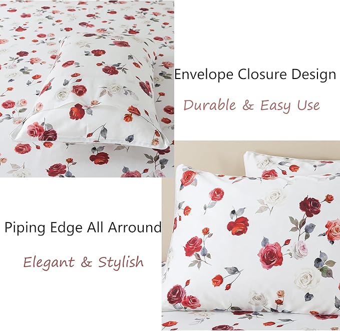 FADFAY Rose Sheets Set Twin Vintage White Floral Bedding Chic Red Rose Bed Sheets Shabby Farmhouse Bedding 100% Percale Egyptian Cotton 800 Thread Count Deep Pocket Fitted Sheet 4Pcs, Twin Size