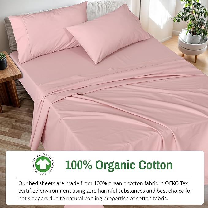 RUVANTI 100% Organic Cotton Sheets Split King, Percale Weave, GOTS Certified, 5-Piece Set, Deep Pocket 15", Crisp & Breathable, Soft Durable Bedding, Sábanas Algodón Orgánico – Peach Skin
