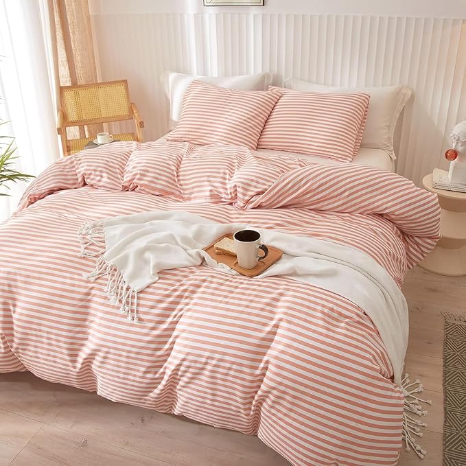 King Size Comforter Set Pink White Stripes Pattern Comforter Modern Striped Comforter Set Fluffy Lightweight 3 Pieces Bedding Comforter Farmhouse Stripes Boho Bed Comforter with 2 Pillowcases