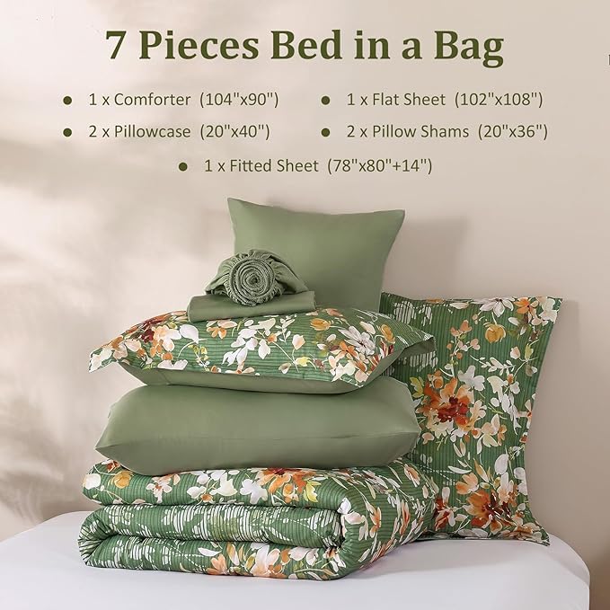 Dobuyly King Size Comforter Set, 7 Pieces Green Floral Comforter Set, Bed in a Bag King with Botanical Flowers Pattern, All Season Farmhouse Bedding Set with Sheets, Pillowcases & Shams