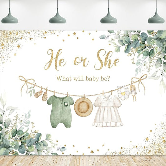 Riyidecor Green Gender Reveal Backdrop Polyester Fabric He or She What Will Baby Be 8Wx6H Feet Boho Watercolor Gold Dots Sage Eucalyptus Leaves Photography Background Baby Shower Photo Studio Shoot