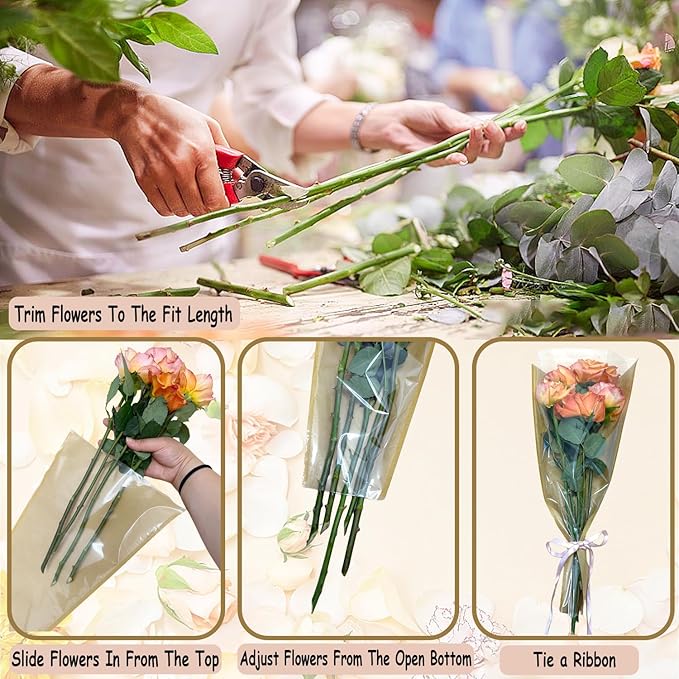 MYGOGOART 50 Pcs Flower Bouquet Wrapping Paper Flower Bags Sleeves for Bouquets Kraft Paper Floral Wrap Bags Flower Bouquet Supplies(9.4 x 17.7 x 3.5 inches)