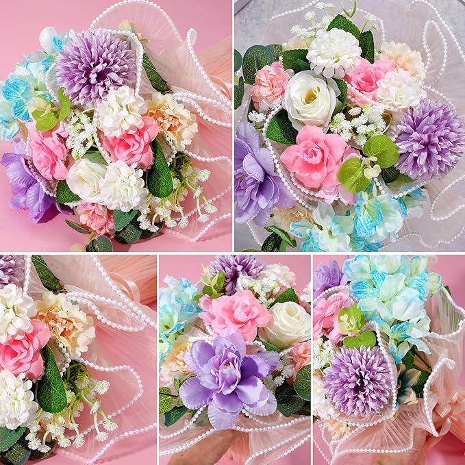 Ymapinc Pearl Mesh for Bouquets Wapping, 4 Yard Pink Floral Pearl Paper for Bouquet Flower Packaging, Bride Wedding Mother's Day Valentine's Day Gift(144x10.63inch)