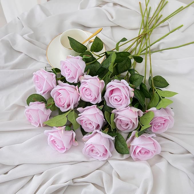 Hawesome Fake Roses Artificial Silk Flowers - 12 Pcs Pink Roses Artificial Faux Flowers with Stems for Home Wedding Centerpiece Hotel Office Decor