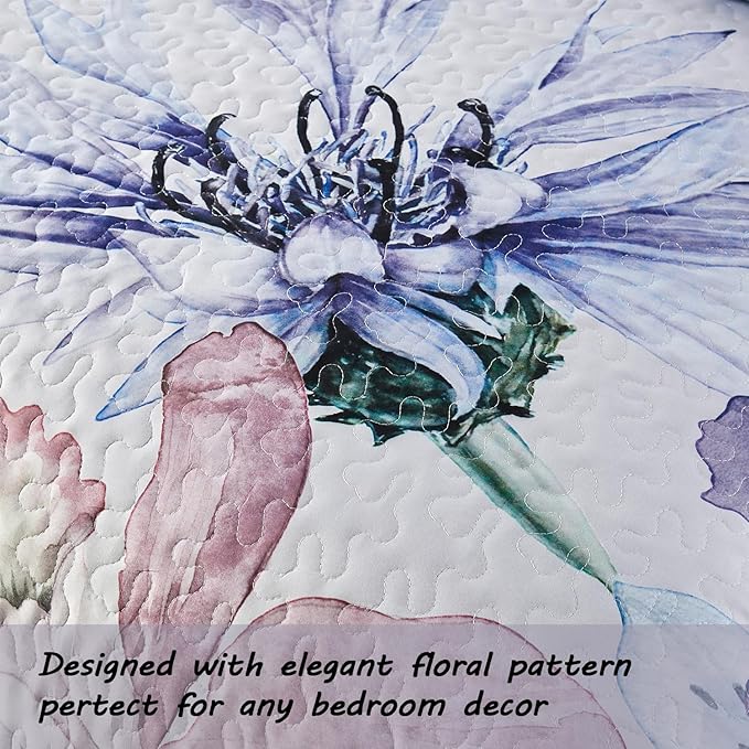 Yogeneg Full Queen Size Quilt Set,Elegant Floral Botanical Pattern Purple Bedding Set,3 Piece Lightweight Soft Summer Bedspread Coverlet with 2 PIillow Sham for All Season(Purple Floral,90"x96")