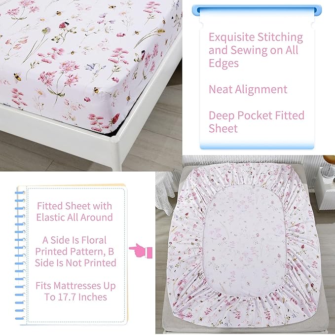 RYNGHIPY Shabby Floral Bees Print Bedding Sheets with Pillowcases, Breathable Egyptian Cotton Bed Sheet Set (Bee,Full Size)