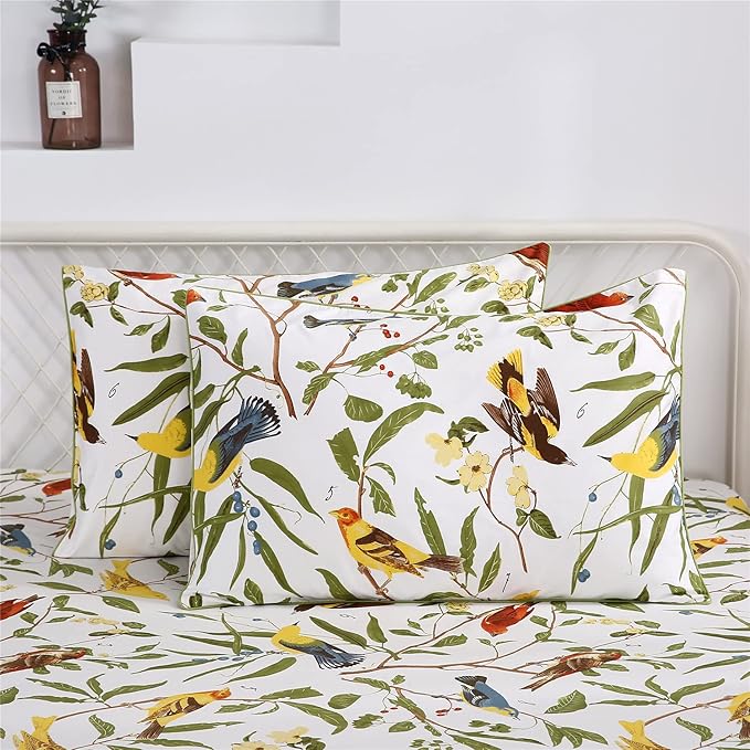 RYNGHIPY Farmhouse Flowers Print Bed Sheet Collection Set Botanical Floral Sheets with Pillowcases (White Green,King Size)