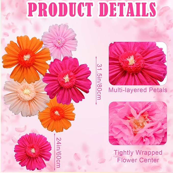 Giegxin 6 Pcs 31.5 " 24 " Rose Red Tangerine Giant Paper Flowers Extra Large Floral Tissue Paper Flowers Floral Decoration for Christmas Mexican Fiesta Wall Wedding Bridal Shower Birthday Decor