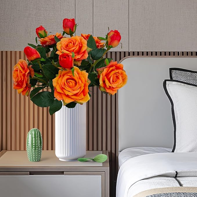 ATFL Fake Sunset Red Flowers, 6 Pcs Faux Silk Real Touch Moisturizing Artificial Rose Flowers for Wedding Decor,Flores Irosas Artificiales para Decoracion(6, Orange)