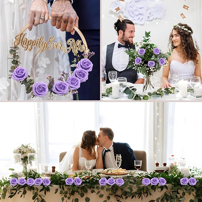 200PCS Purple Artificial Flowers Roses Real Looking Foam Fake Roses with Leaves for DIY Wedding Bouquets Bridal Shower Party Decorations (Purple, 200)