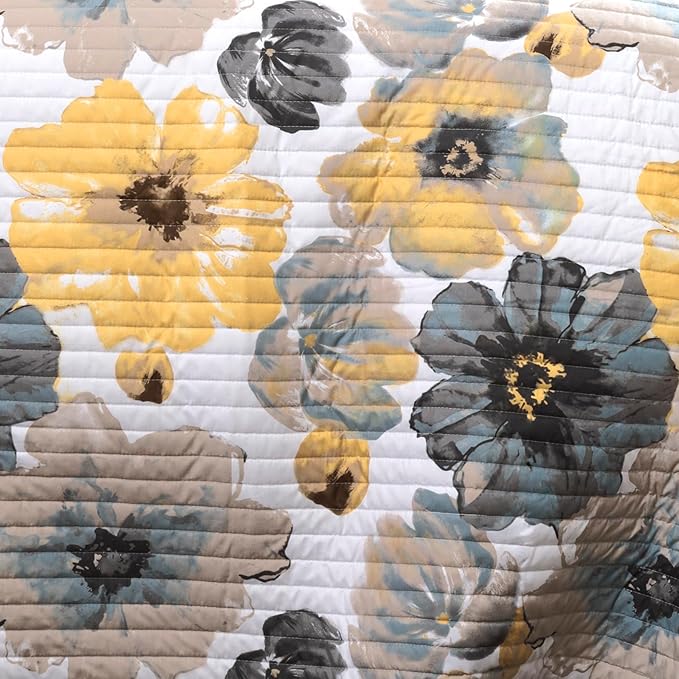 Lush Decor Leah Reversible Floral Quilt Set, 3 Piece Set, King, Yellow & Gray - Watercolor Botanical - Cottage Core - French Country Decor- Bedding Queen Size
