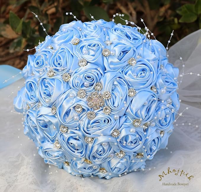 Bridal Wedding Bouquet Round Bling Brooch Bouquet Throw Toss Artificial Rose Flower Bunch for Bride Bridesmaid Wedding Quinceanera(Light Blue, 7.5")