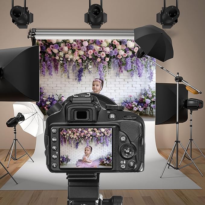 Baocicco Purple Floral Wall Backdrops 7x5ft Flowers White Brick Wall Backdrops for Photoshoot Valentine Day Decorations Anniversary Wedding Banner Supplies Birthday Baby Shower Photo Props