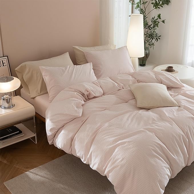JIYUAN 100% Washed Cotton Striped Duvet Cover Set 3 Pieces King, 1 Duvet Cover and 2 Pillowcases(Comforter Not Included),Linen Like Comfy and Breathable,Pinstripes-Heathered Greyish Pink White