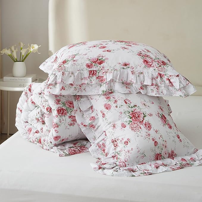 Rose Red Flower Comforter Set Queen Size Romantic Girls Lace Comforter Set Soft Microfiber Botanical Bedding Comforter Set 1 Floral Ruffled Comforter with 2 Pillowcases Lightweight Comfy