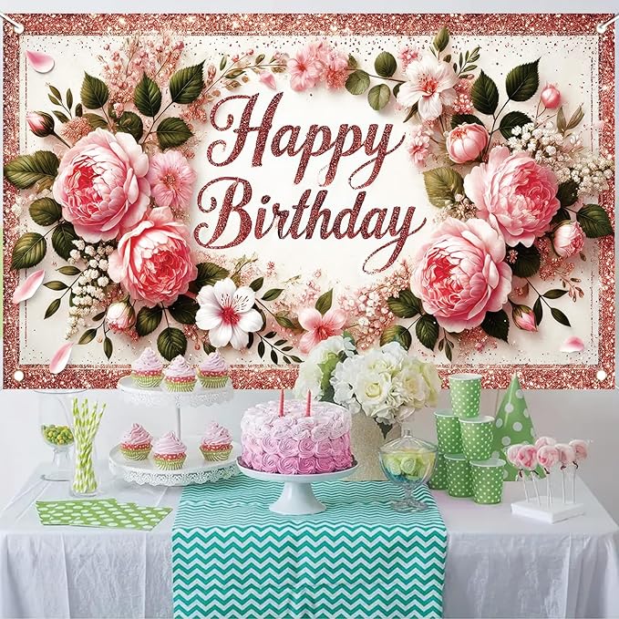 Happy Birthday Backdrop Rose Gold Glitter Peony Floral Banner Birthday Party Decorations Photography Background for Women Girls Wedding Baby Shower Decor Photo Booth Supplies 6x4ft