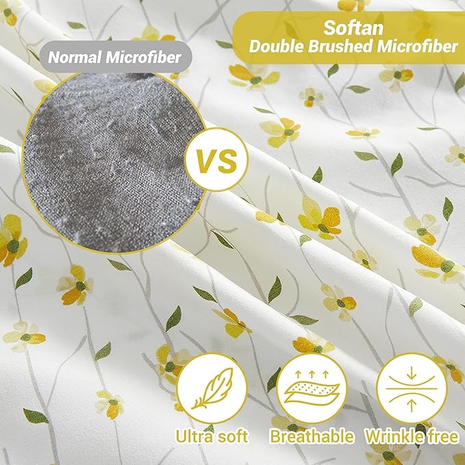 Softan Yellow Floral Sheets for Queen Size Bed Printed Bed Sheets - 4 Piece Soft Microfiber Patterned Fitted Sheets Queen with 15" Deep Pocket and Corner Straps,Cute Flower Sheets & Pillowcase Set