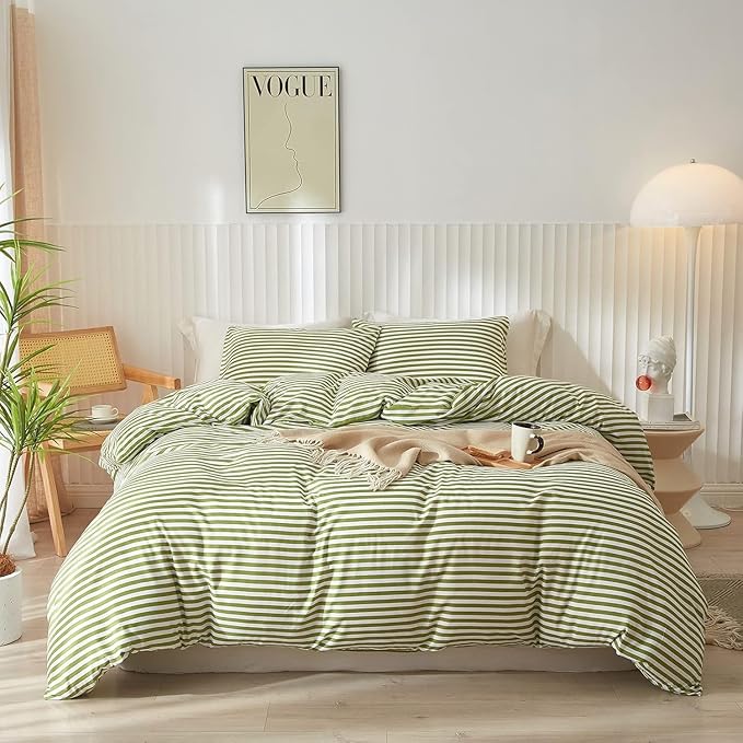 Striped Comforter Set Twin XL Modern Style Green White Stripes Pattern Bed Comforter for All Seasons 3 Pieces Boho Fluffy Comforter with 2 Pillowcases Cozy Farmhouse Lightweight Bedding Comforter Set
