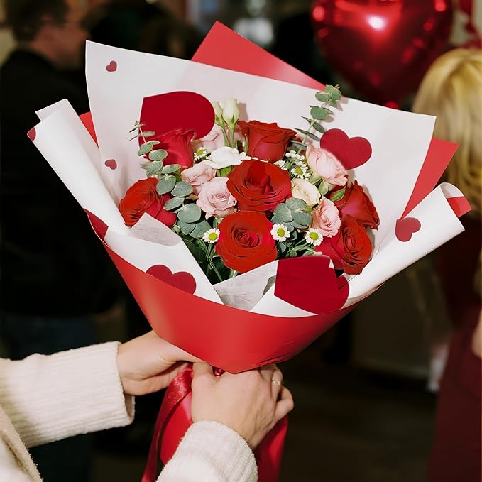 LeZakaa 20 Sheets Flower Wrapping Paper, Red Heart Design Waterproof Floral Bouquet Paper for Valentine's Day, Wedding, Anniversary Romantic Gift Packaging