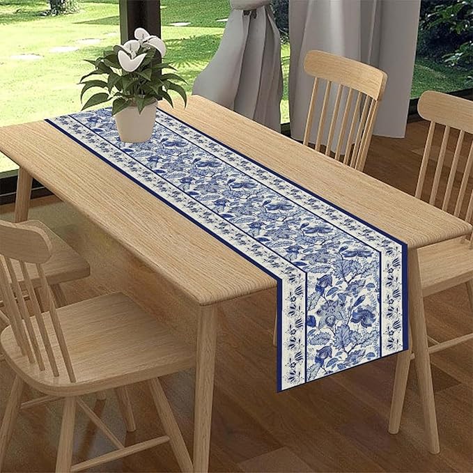 Blue Floral Table Runner, Rustic Vintage Paisley Floral Retro Boho Art Linen Coffee Table Center Decor for Family Kitchen Farmhouse Holiday Party Table Decorations Indoor Outdoor 13x72 inch