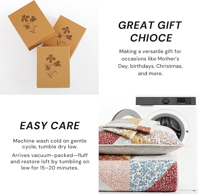 Quilt Set Queen Size, Patchwork Burnt Orange Floral Quilt Sets, Reversible Bedspread Lightweight and Breathable for All Seasons, Soft Quilted Bedspread with 2 Pillow Shams