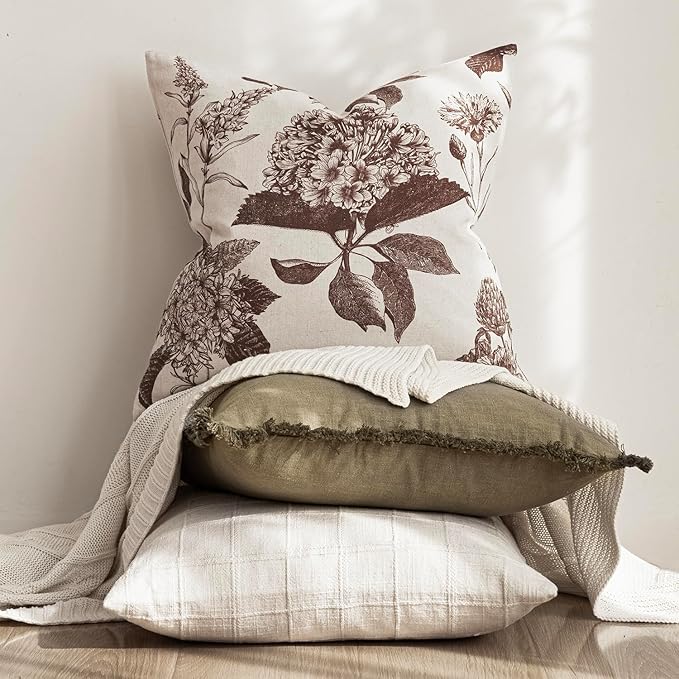 Foindtower Set of 2 Linen Floral Throw Pillow Covers Vintage Accent Print Decorative Cushion Covers Farmhouse Boho Home Decor for Sofa Chair Couch Bedroom Living Room,24×24 Inch,Dark Brown