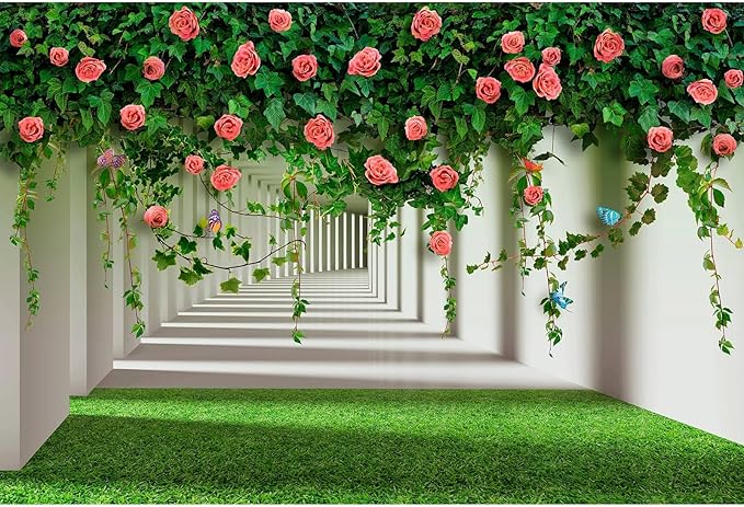 Rose Flowers Backdrop Red Rose Flowers and Green Leaves with Butterflies Photography Background Spring Alley Green Grass Backdrops Outdoor Wedding Party Decorations Photo Studio Props 9x6ft