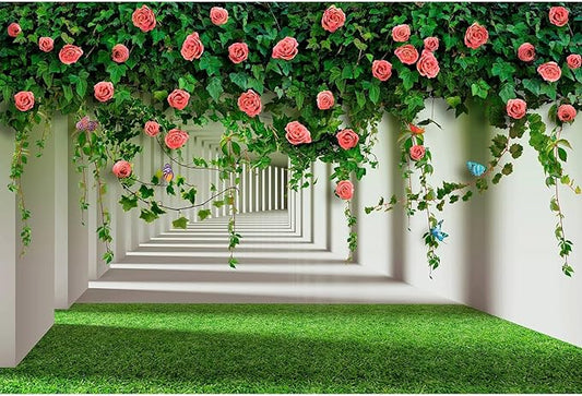Rose Flowers Backdrop Red Rose Flowers and Green Leaves with Butterflies Photography Background Spring Alley Green Grass Backdrops Outdoor Wedding Party Decorations Photo Studio Props 7x5ft