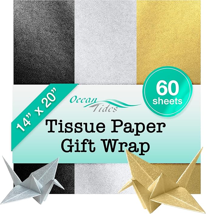 Ocean Tides 60 Sheets (14x20 Inches) Christmas Wrapping Paper – Gift Wrapping Tissue Paper Bulk for Crafts, Birthdays & Holidays– Colored Tissue Papers for Gift Bags & Decorations, Black, Silver, Gold