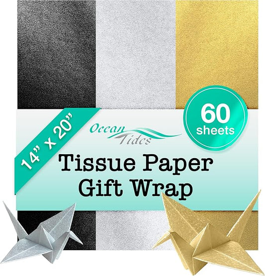 Ocean Tides 60 Sheets (14x20 Inches) Christmas Wrapping Paper – Gift Wrapping Tissue Paper Bulk for Crafts, Birthdays & Holidays– Colored Tissue Papers for Gift Bags & Decorations, Black, Silver, Gold
