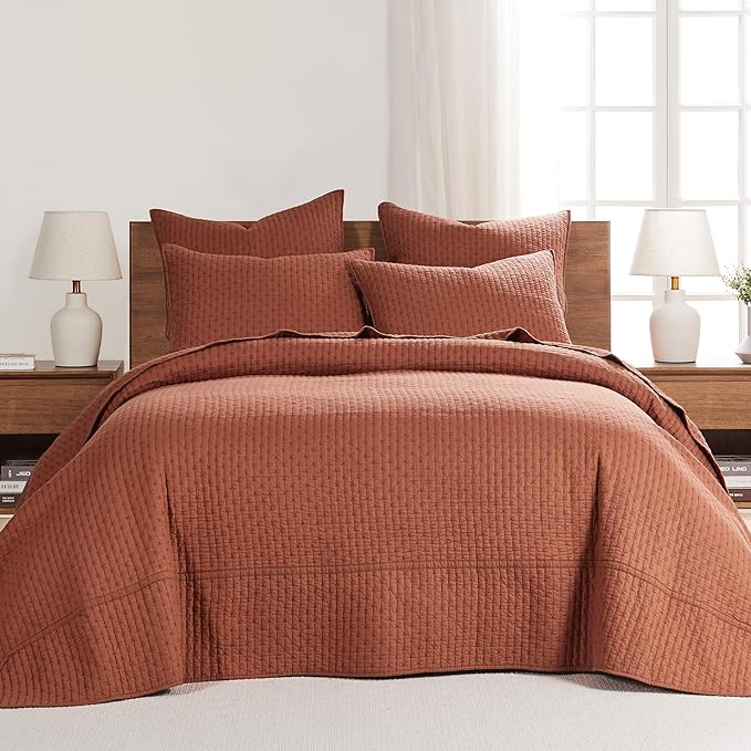 Levtex Home Cross Stitch Reversible King Bedspread Set (120x104in) with 2 Pillow Shams (36x20in) - Stitch Texture - Adobe - Cotton King Size Bedspread Set - Soft, Pre-Washed