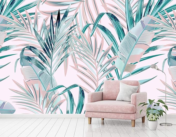 WFBHUA-Pink and Green Palm Leaf Wallpaper Large Self Adhesive Mural for Girls' Rooms 157“x108