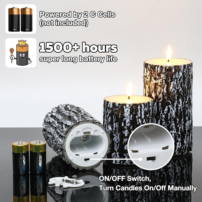 Eywamage Bark Flameless Pillar Candles with Remote, Farmhouse Wood LED Candles Battery Operated Flickering Christmas Decor Set of 3