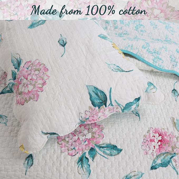Cozy Line Home Fashions 100% Cotton Turquoise Blue Floral Hydrangea Garden Leaf Reversible Quilt Bedding Set, Coverlet, Bedspread (Valencia Bloom, King-3 Piece)