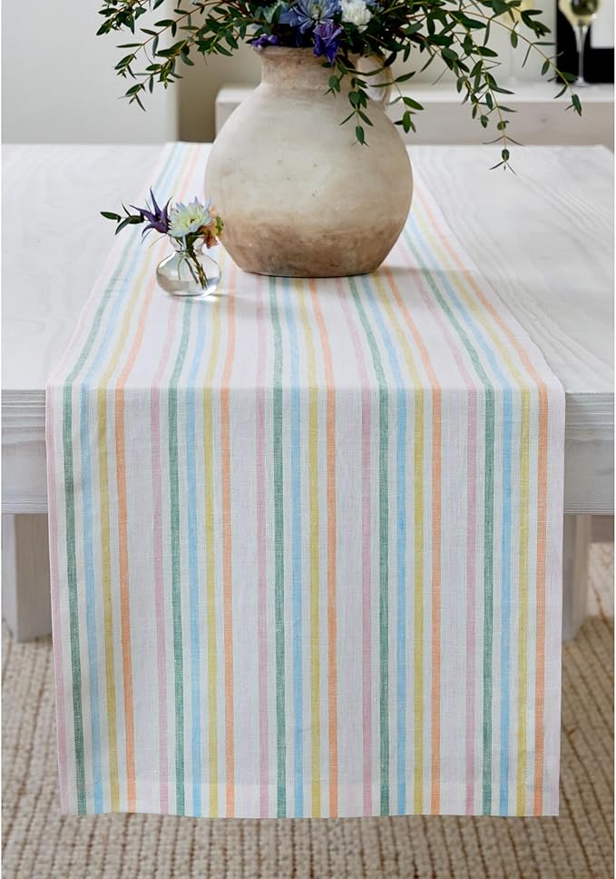 Solino Home Striped Linen Table Runner 144 Inches Long - Julia 100% Pure Linen Multicolor Muted Pastel Stripe Dining Table Runner 14 x 144 Inch for Spring, Easter