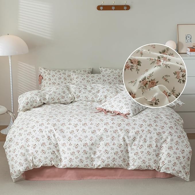 Queen Comforter Set White and Pink Floral Comforter Set for Girls Vintage Garden Flower Leaves Bedding Comforter Set 1 Floral Blush Comforter with 2 Bow Ties Pillowcases Fluffy Botanical Comforter Set