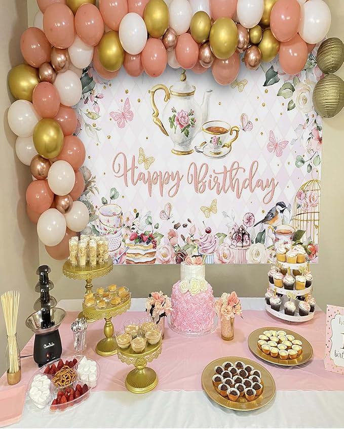 Mocsicka Tea Party Happy Birthday Backdrop Floral Dessert Tea Party Birthday Decorations Let's Partea Women Tea for Two Birthday Party Photo Props(7x5ft)
