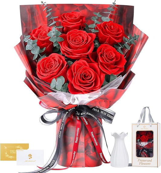 Preserved Flowers Bouquet 7 Roses - Red Real Rose & Flowers for Delivery, Long-Lasting Flower with Gift Box, Eternal Roses Bouquet for Mothers, Mom, Wife, Anniversary Birthday Gifts for Women