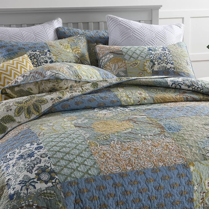 Yvooxny Quilt Set Queen Bedspread Reversible Green Farmhouse Garden Coverlet Real Patchwork Quilt Set for All Seasons, Bohemian Floral Pattern, Queen Size