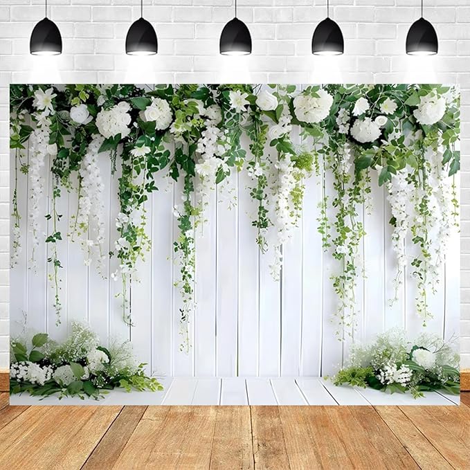 6x4ft White Flower Backdrop Green Leaves Wedding Bridal Shower Photography Background Floral Rustic Wood Wall Birthday Party Banner Decorations Reception Ceremony Portrait Photo Booth Prop