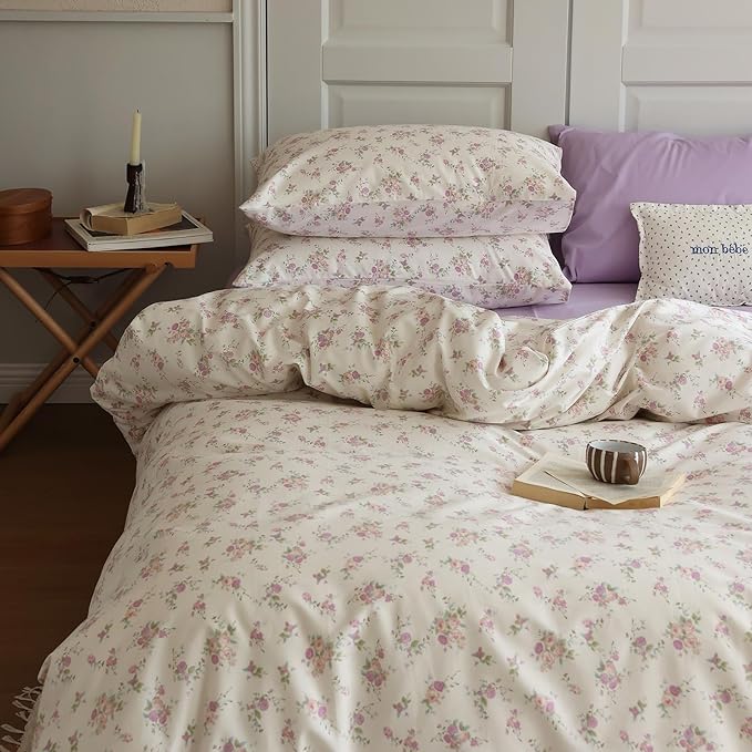 LifeTB Botanical Floral Comforter Set Twin XL Cute Garden Floral Bedding Comforter with 2 Pillowcases Soft Fluffy Pink Purple Flowers Comforter Vintage Style Botanical Comforter Set for Girls Women