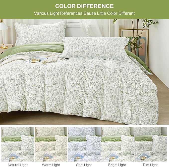 SAPHREAS Green Drawing Floral Duvet Cover Set King Size 3pcs Botanical Blossom White Bedding Comforter Cover Set 100% Cotton 1 Duvet Cover 104"x90" 2 Pillow Shams, Comforter Not Included