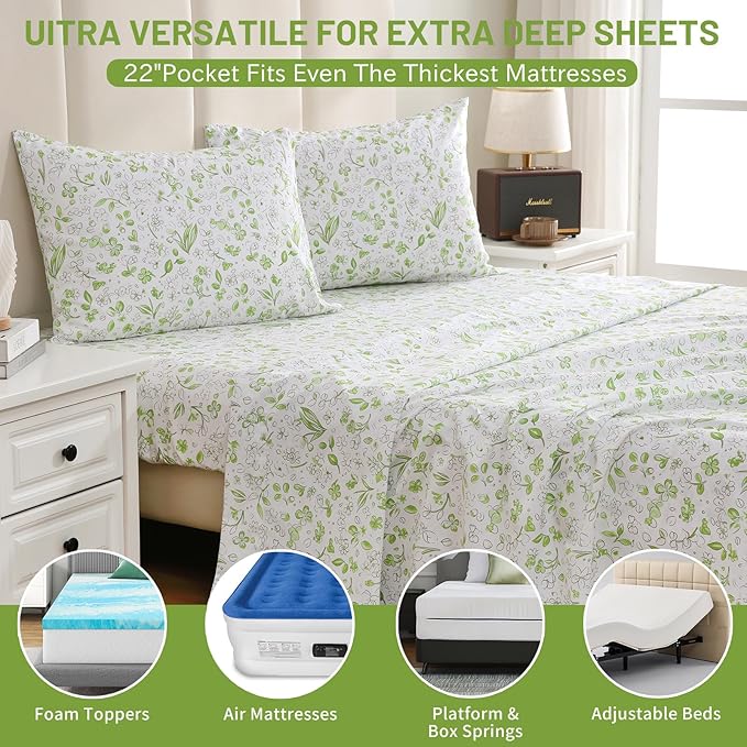 Bedlifes Queen Sheet Set Ultra Soft, Breathable, Silky Flower Deep Pocket 100% Microfiber Bedding, 4 Piece Queen Size Green Floral