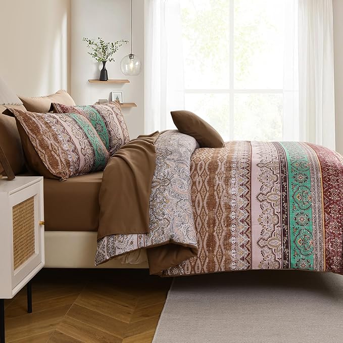 Cottolester Boho Queen Comforter Set 8 Pieces, Brown Bohemian Striped Bed in a Bag, Paisley Soft Microfiber Bedding Comforter Set