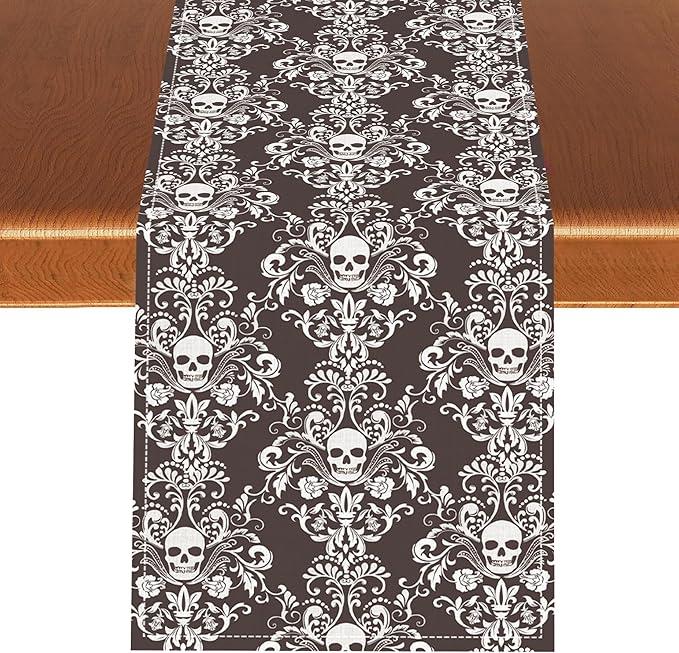 Vintage Gothic Table Runner, Retro Baroque Luxury Dark Skull Day of Death Witchy Coffee Table Center Decor for Home Kitchen Dining Patio Holiday Party Table Decorations 13x36 inches